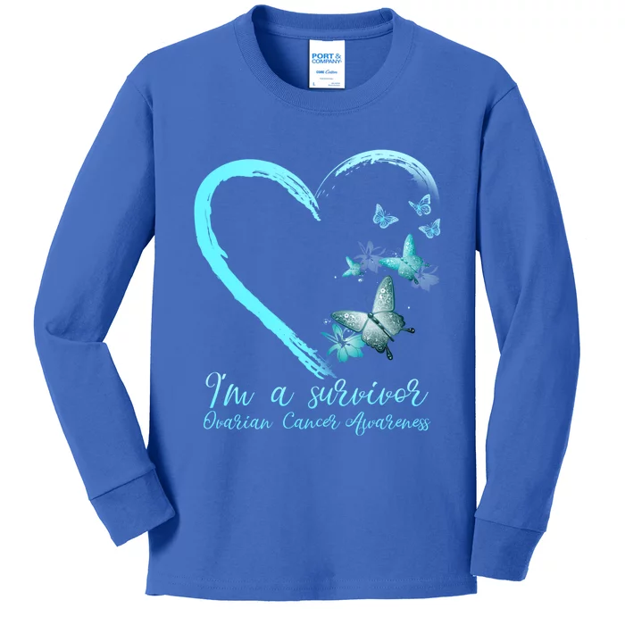 Teal Butterfly Heart Survivor Ovarian Cancer Awareness Tee Cool Gift Kids Long Sleeve Shirt