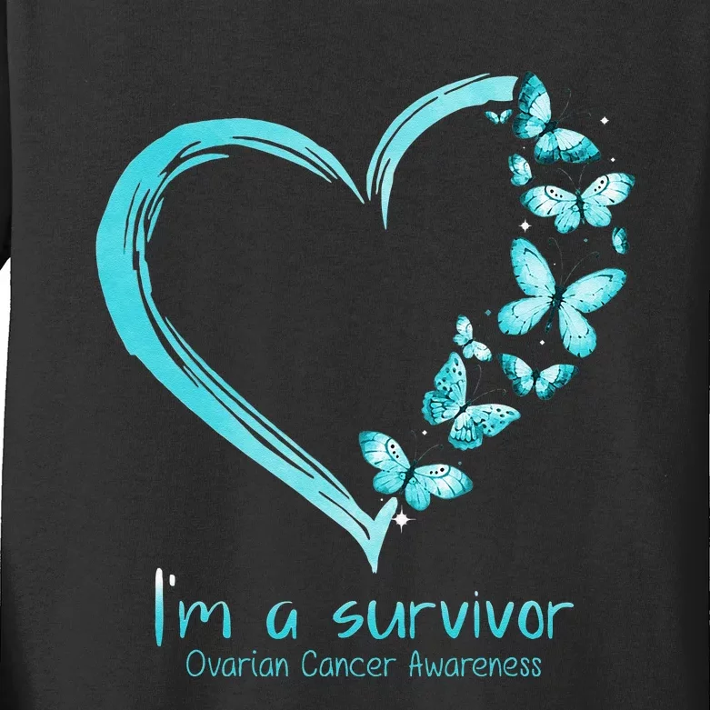 Teal Butterfly Heart Im A Survivor Ovarian Cancer Awareness Kids Long Sleeve Shirt