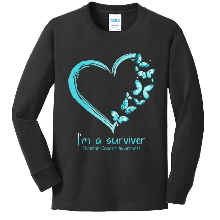 Teal Butterfly Heart Im A Survivor Ovarian Cancer Awareness Kids Long Sleeve Shirt