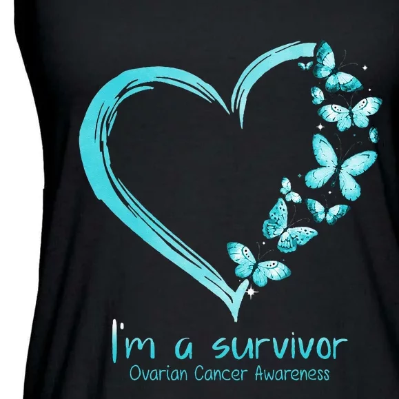 Teal Butterfly Heart Im A Survivor Ovarian Cancer Awareness Ladies Essential Flowy Tank