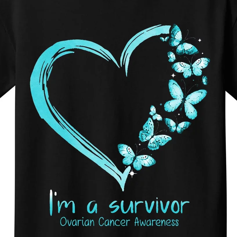 Teal Butterfly Heart Im A Survivor Ovarian Cancer Awareness Kids T-Shirt