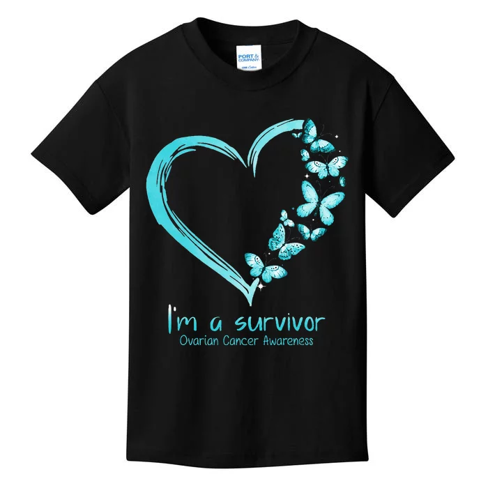 Teal Butterfly Heart Im A Survivor Ovarian Cancer Awareness Kids T-Shirt