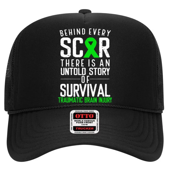 Traumatic Brain Injury Awareness Every Scar Green Ribbon High Crown Mesh Trucker Hat