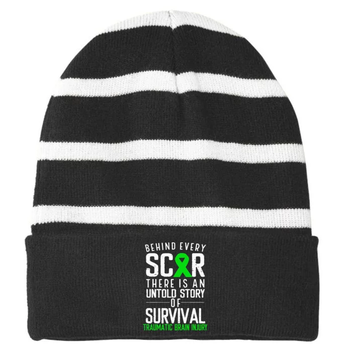 Traumatic Brain Injury Awareness Every Scar Green Ribbon Striped Beanie with Solid Band