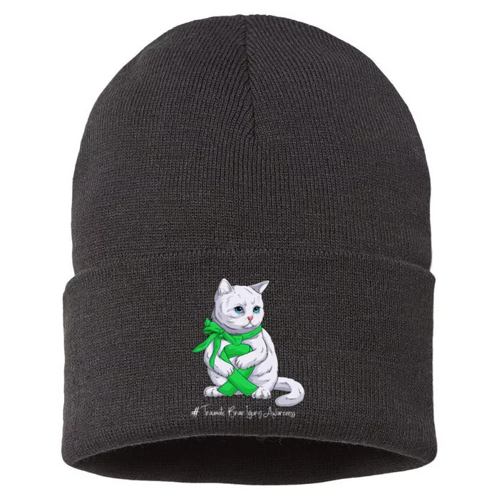 Traumatic Brain Injury Awareness Month Green Ribbon Cat Sustainable Knit Beanie