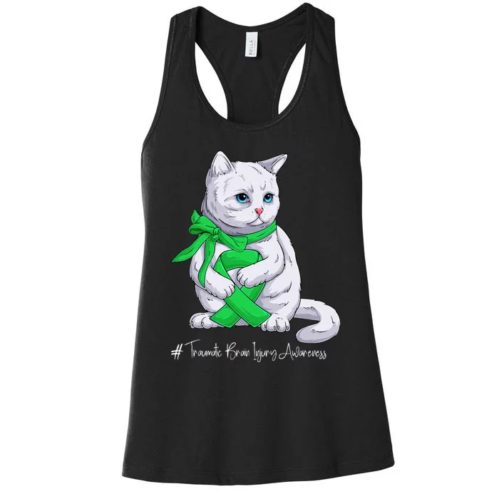 Traumatic Brain Injury Awareness Month Green Ribbon Cat Women's Racerback Tank