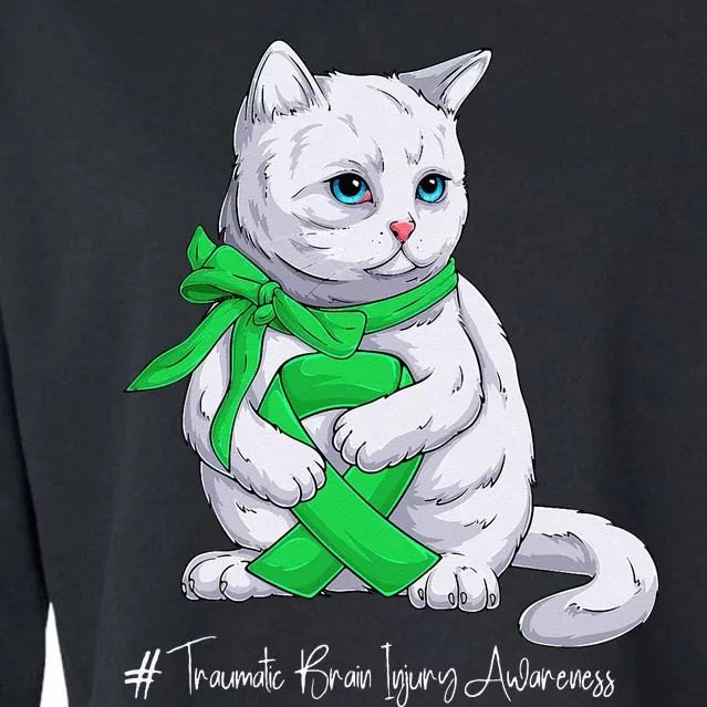 Traumatic Brain Injury Awareness Month Green Ribbon Cat Cropped Pullover Crew