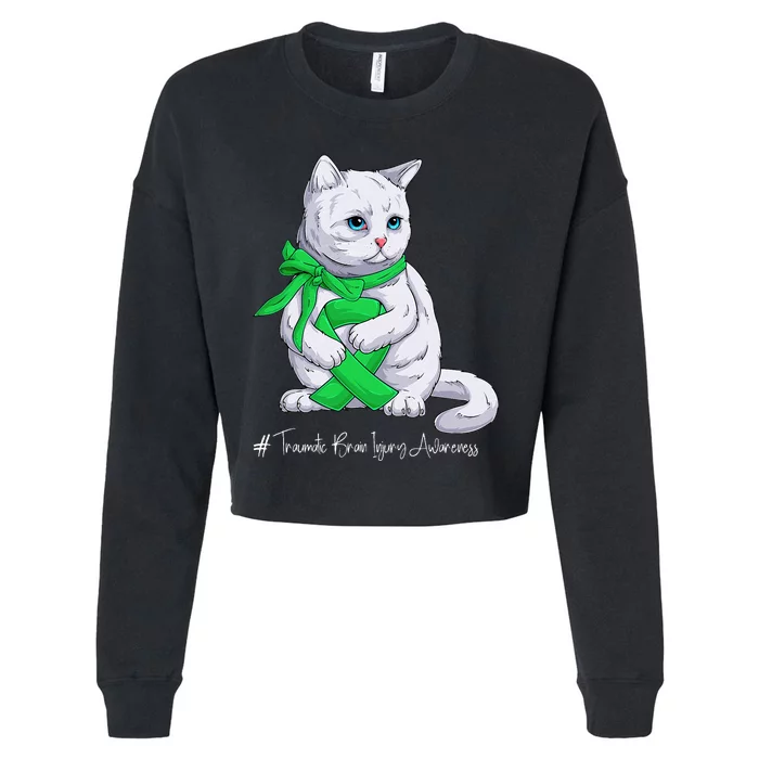 Traumatic Brain Injury Awareness Month Green Ribbon Cat Cropped Pullover Crew