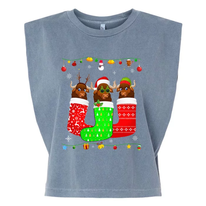 Three Bison In Christmas Socks Matching Xmas Pajama Garment-Dyed Women's Muscle Tee