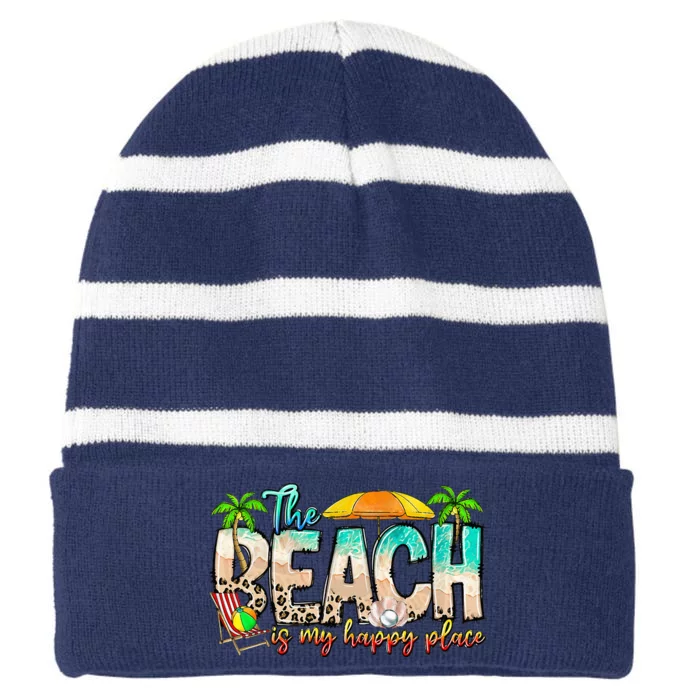 The Beach Is My Happy Place Vacation Summer Striped Beanie with Solid Band