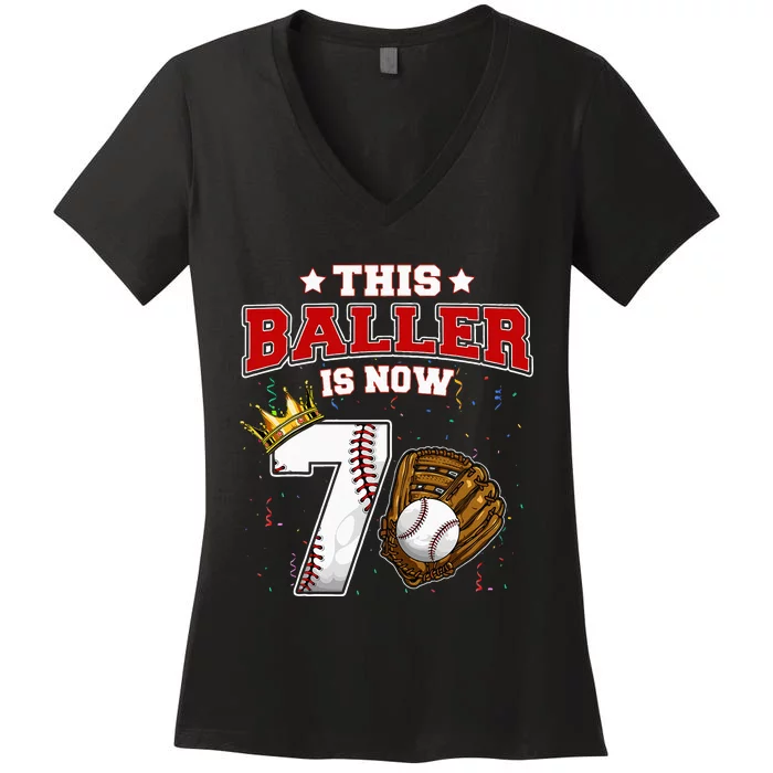 This Baller Is Now 7 Years Old Baseball Players 7th B Day Women's V-Neck T-Shirt