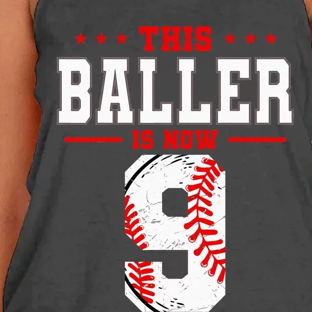 This Baller Is Now 9 Birthday Baseball Theme Bday Party Women's Knotted Racerback Tank