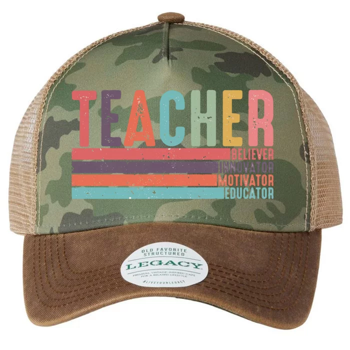 Teacher Believer Innovator Motivator Educator Teacher Life Back To School Legacy Tie Dye Trucker Hat