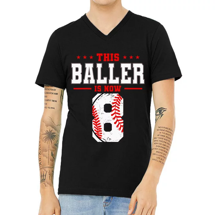 This Baller Is Now 8 Birthday Baseball Theme Bday Party V-Neck T-Shirt