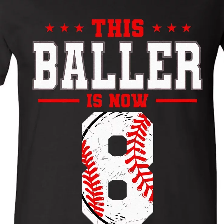 This Baller Is Now 8 Birthday Baseball Theme Bday Party V-Neck T-Shirt