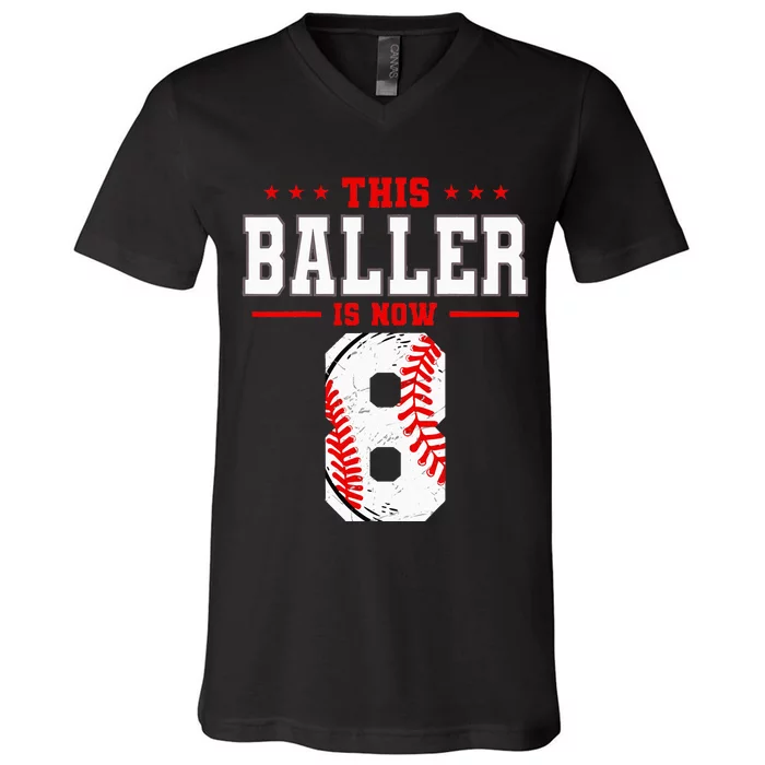 This Baller Is Now 8 Birthday Baseball Theme Bday Party V-Neck T-Shirt