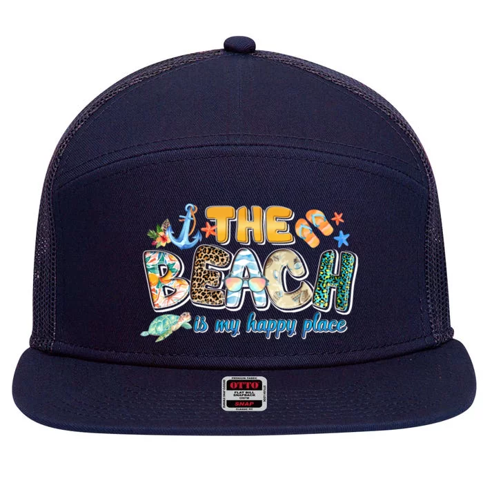 The Beach Is My Happy Place Vacation Summer Gift 7 Panel Mesh Trucker Snapback Hat