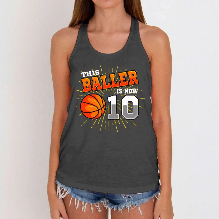 This Baller Is Now 10 Basketball 10th Birthday Party Women's Knotted Racerback Tank