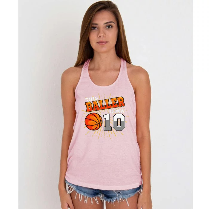 This Baller Is Now 10 Basketball 10th Birthday Party Women's Knotted Racerback Tank