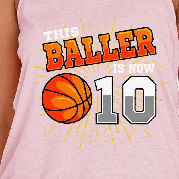 This Baller Is Now 10 Basketball 10th Birthday Party Women's Knotted Racerback Tank