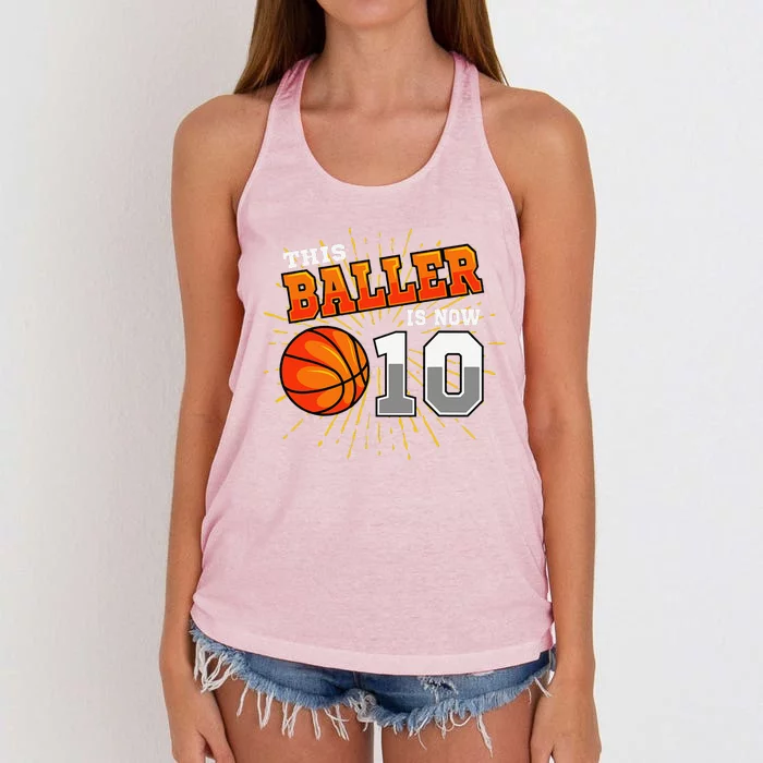 This Baller Is Now 10 Basketball 10th Birthday Party Women's Knotted Racerback Tank