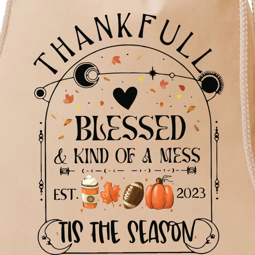 Thankful Blessed & Kind Of A Mess Retro Autumn Drawstring Bag