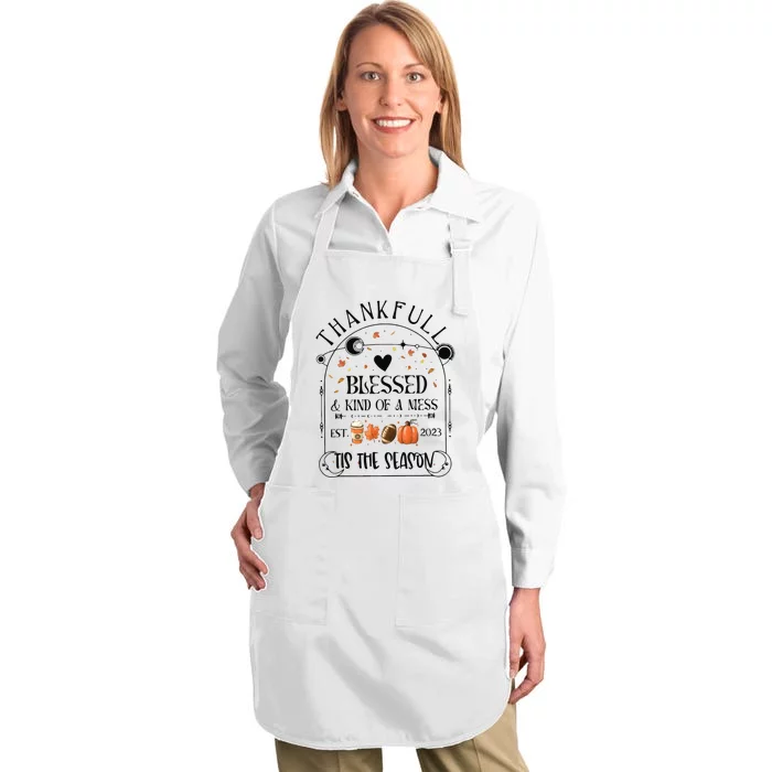 Thankful Blessed & Kind Of A Mess Retro Autumn Full-Length Apron With Pocket