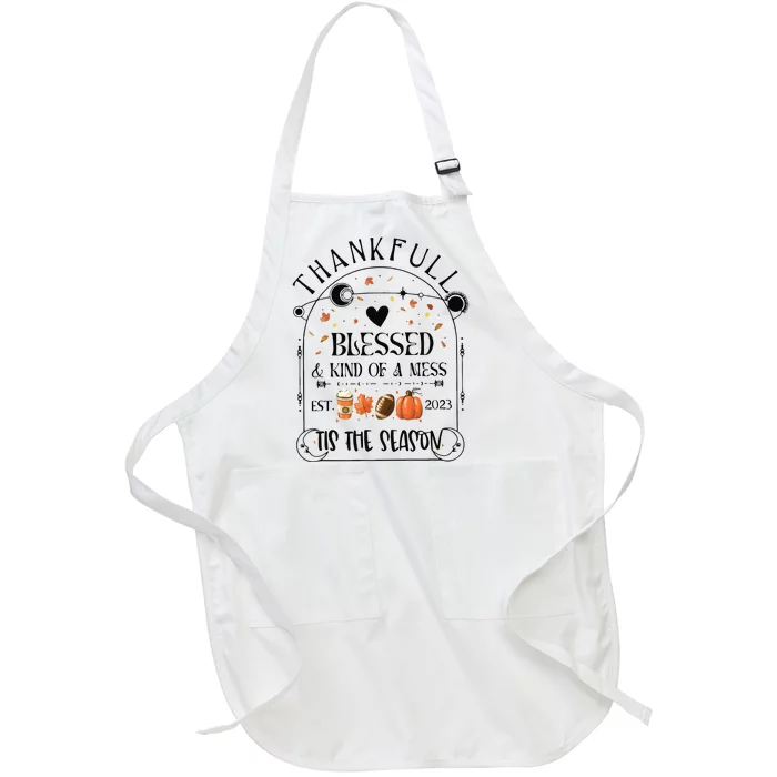 Thankful Blessed & Kind Of A Mess Retro Autumn Full-Length Apron With Pocket