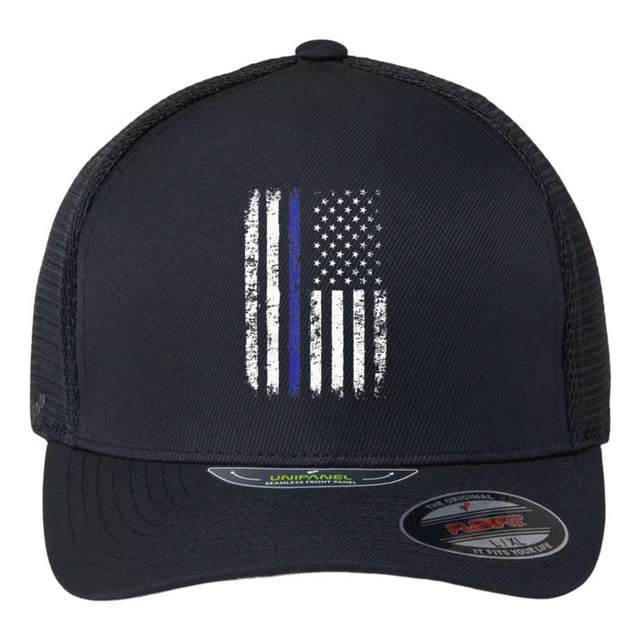 Thin Blue Line American Flag Police Officer Back Dad Gift Flexfit Unipanel Trucker Cap