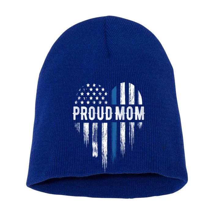 Thin Blue Line Heart Proud Mom Police Gift Short Acrylic Beanie