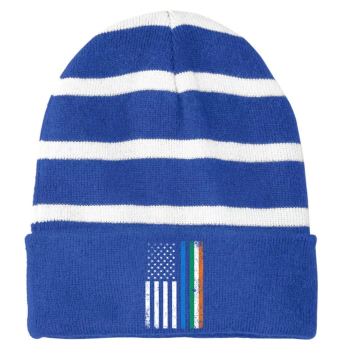 Thin Blue Line Irish American Flag Police Officer Cool Gift Striped Beanie with Solid Band