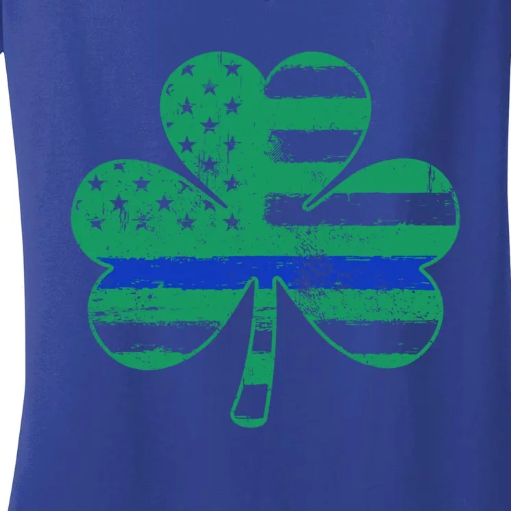 Thin Blue Line Irish Shamrock Police Gift Usa American Flag Gift Women's V-Neck T-Shirt