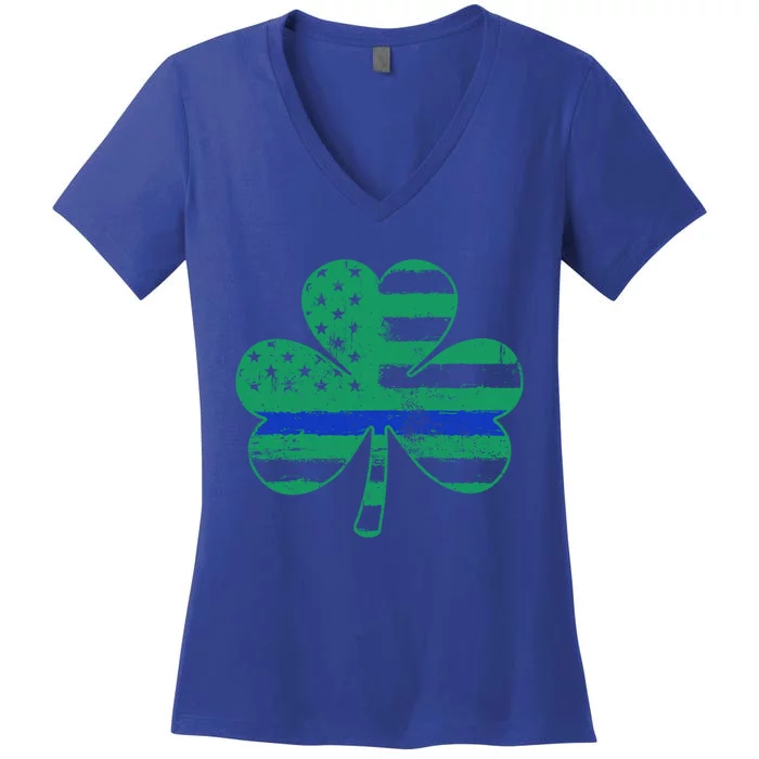 Thin Blue Line Irish Shamrock Police Gift Usa American Flag Gift Women's V-Neck T-Shirt