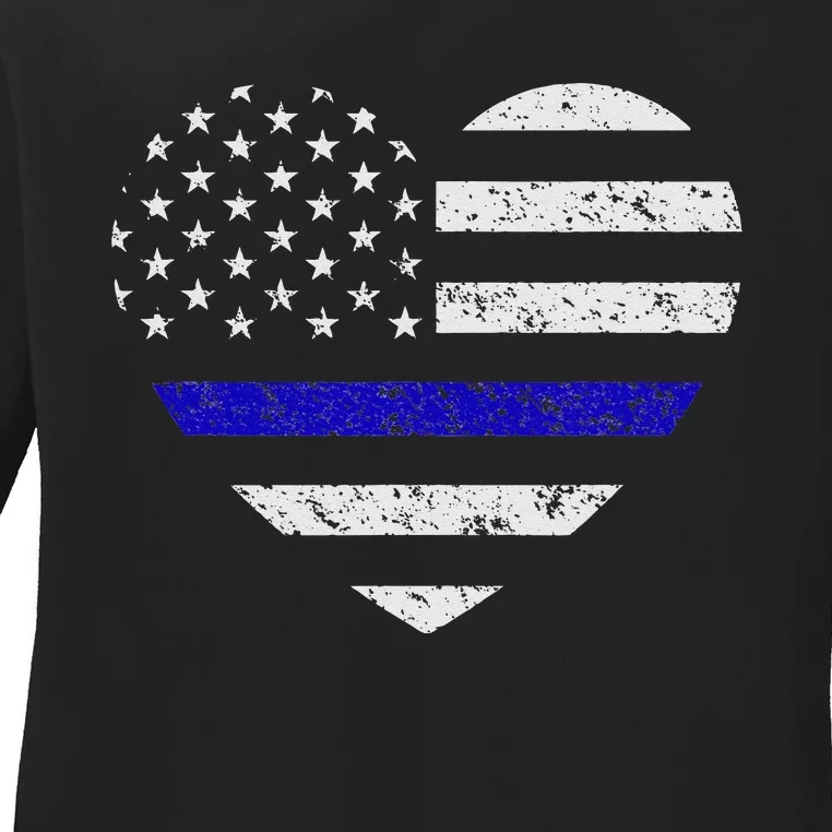 Thin Blue Line American Flag Heart Police Ladies Long Sleeve Shirt