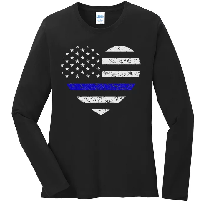 Thin Blue Line American Flag Heart Police Ladies Long Sleeve Shirt