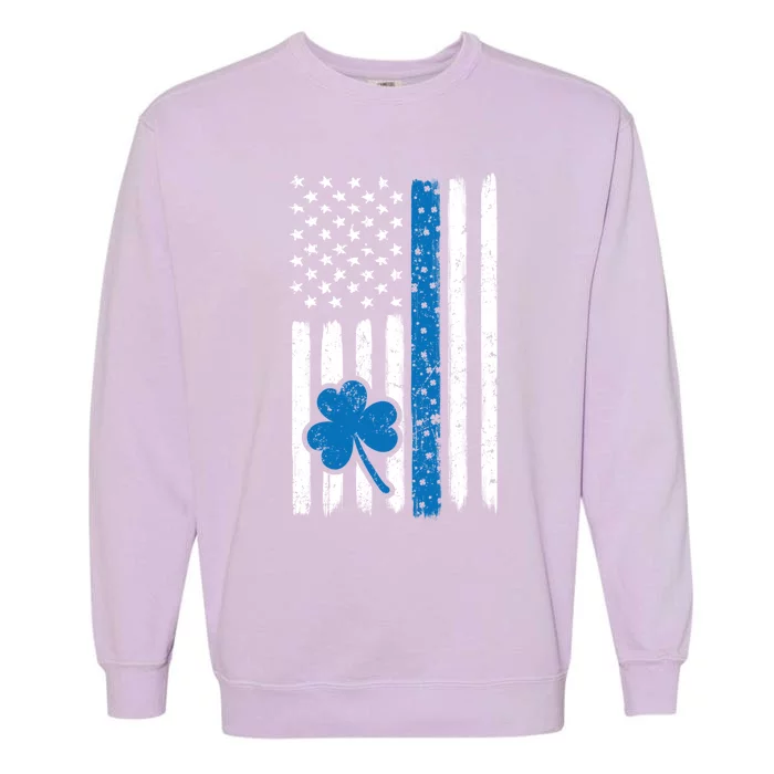 Thin Blue Line St Patrick's Day Gift Police Cop Usa Flag Cool Gift Garment-Dyed Sweatshirt