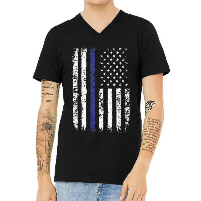 Thin Blue Line American Flag Police Officer Back Dad Gift V-Neck T-Shirt