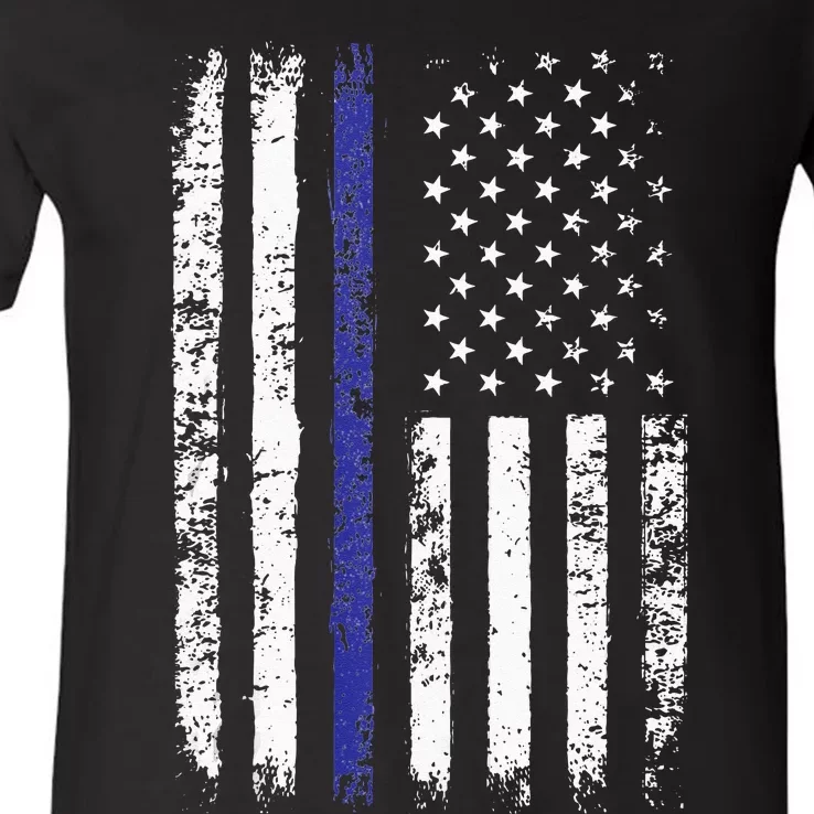 Thin Blue Line American Flag Police Officer Back Dad Gift V-Neck T-Shirt