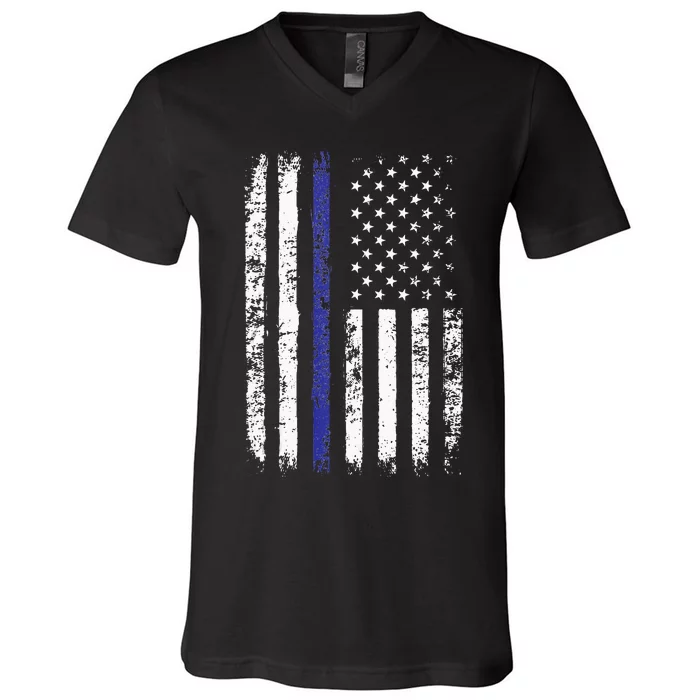 Thin Blue Line American Flag Police Officer Back Dad Gift V-Neck T-Shirt