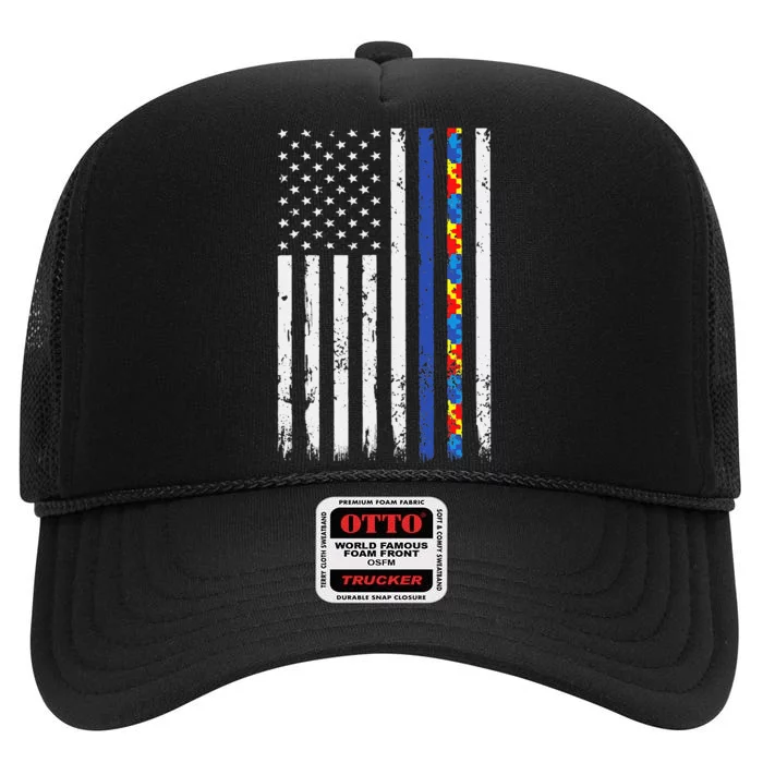 Thin Blue Line Police Support Autism 4th July Mom Dad Flag High Crown Mesh Trucker Hat