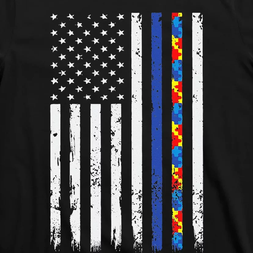 Thin Blue Line Police Support Autism 4th July Mom Dad Flag T-Shirt