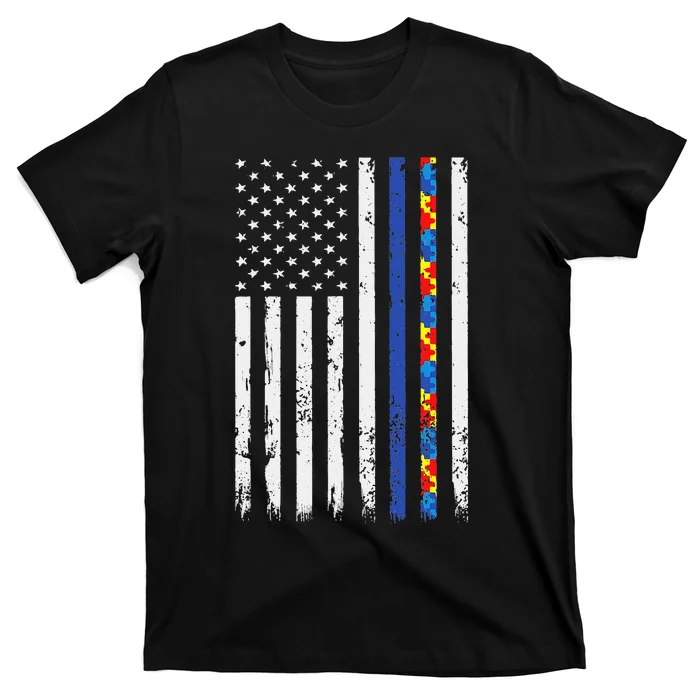 Thin Blue Line Police Support Autism 4th July Mom Dad Flag T-Shirt