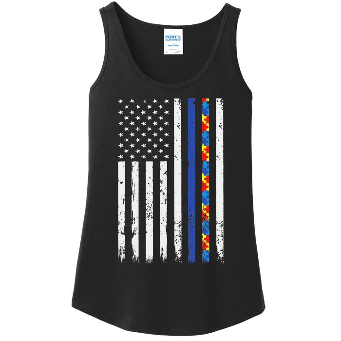 Thin Blue Line Police Support Autism 4th July Mom Dad Flag Ladies Essential Tank