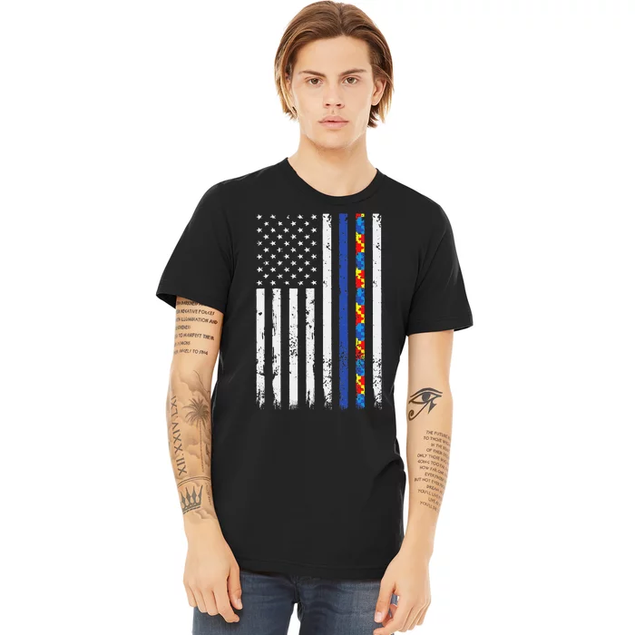 Thin Blue Line Police Support Autism 4th July Mom Dad Flag Premium T-Shirt