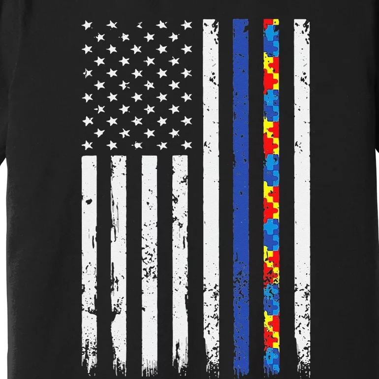 Thin Blue Line Police Support Autism 4th July Mom Dad Flag Premium T-Shirt