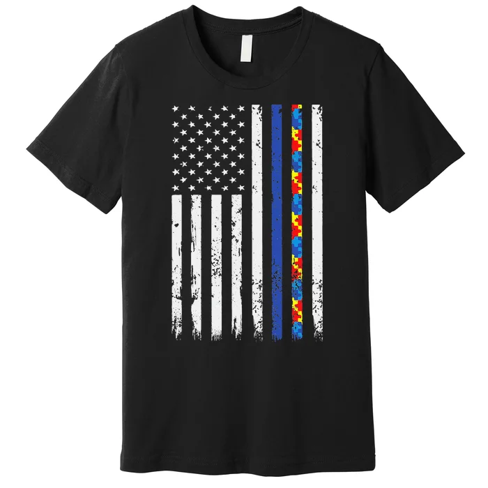 Thin Blue Line Police Support Autism 4th July Mom Dad Flag Premium T-Shirt