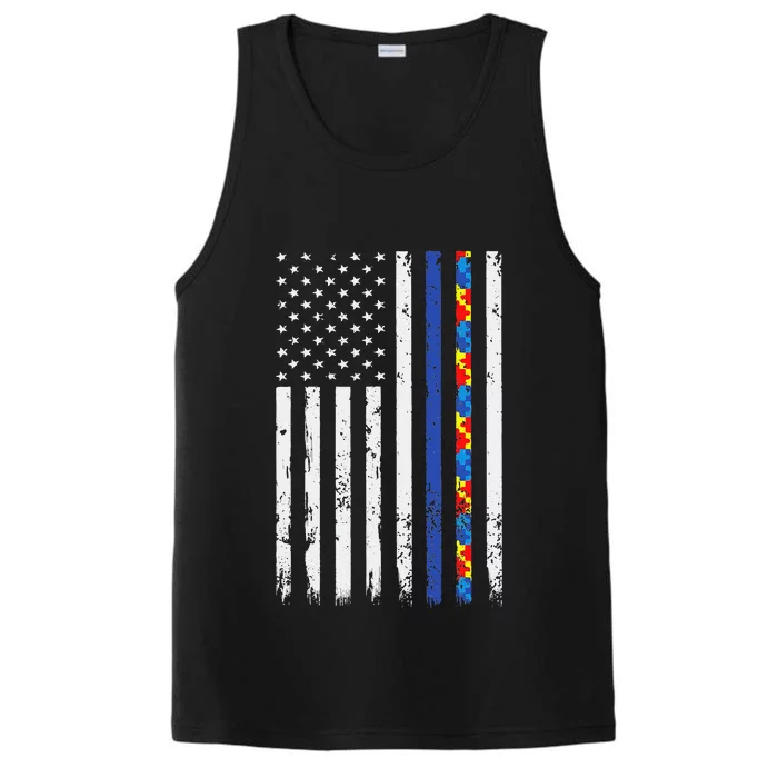 Thin Blue Line Police Support Autism 4th July Mom Dad Flag Performance Tank