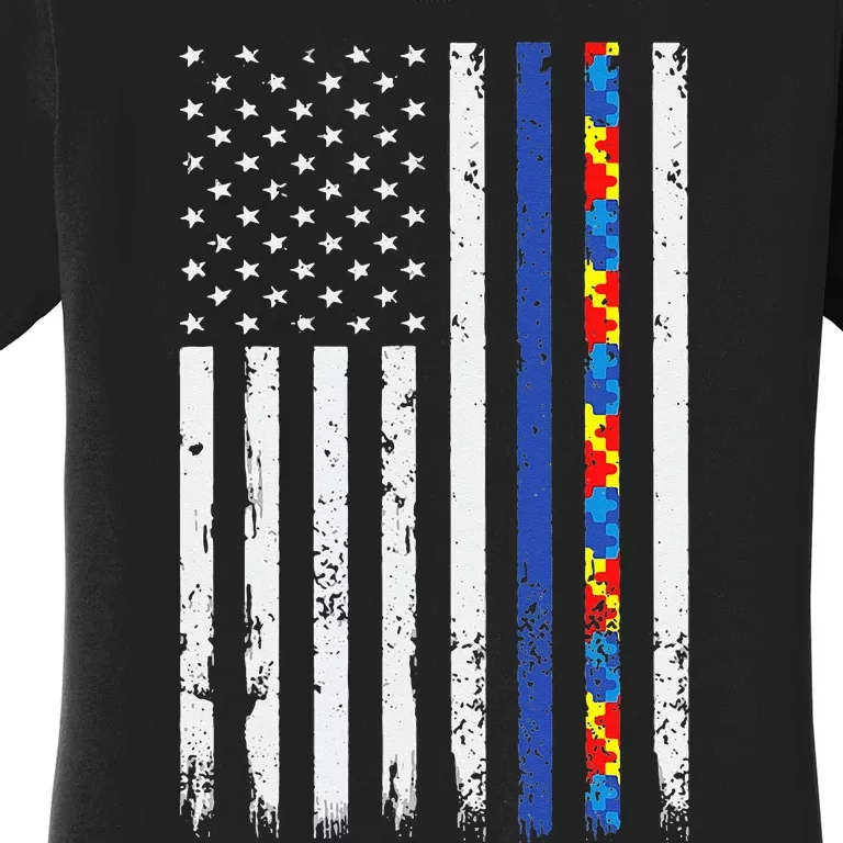 Thin Blue Line Police Support Autism 4th July Mom Dad Flag Women's T-Shirt