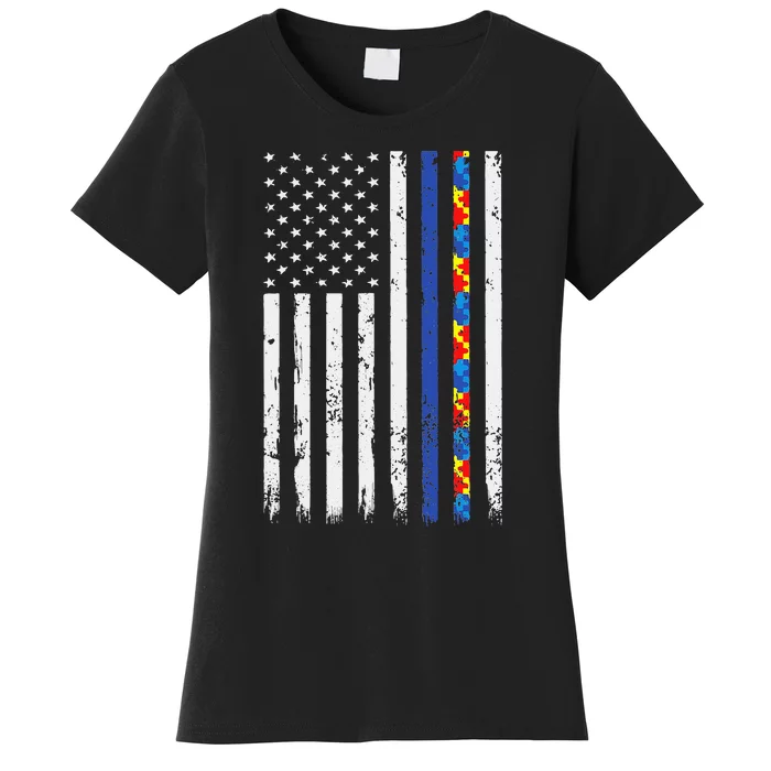 Thin Blue Line Police Support Autism 4th July Mom Dad Flag Women's T-Shirt