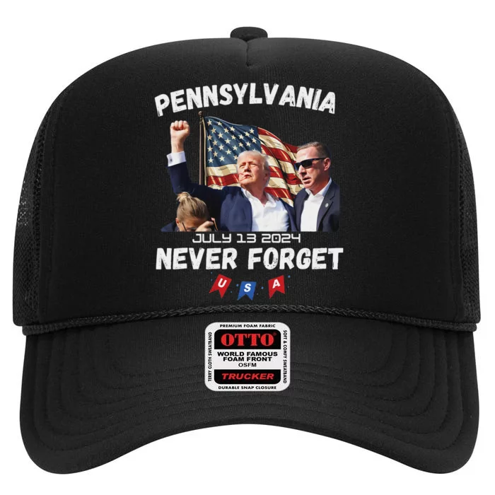 Trump Butler Pennsylvania Never Forget 2024 High Crown Mesh Trucker Hat